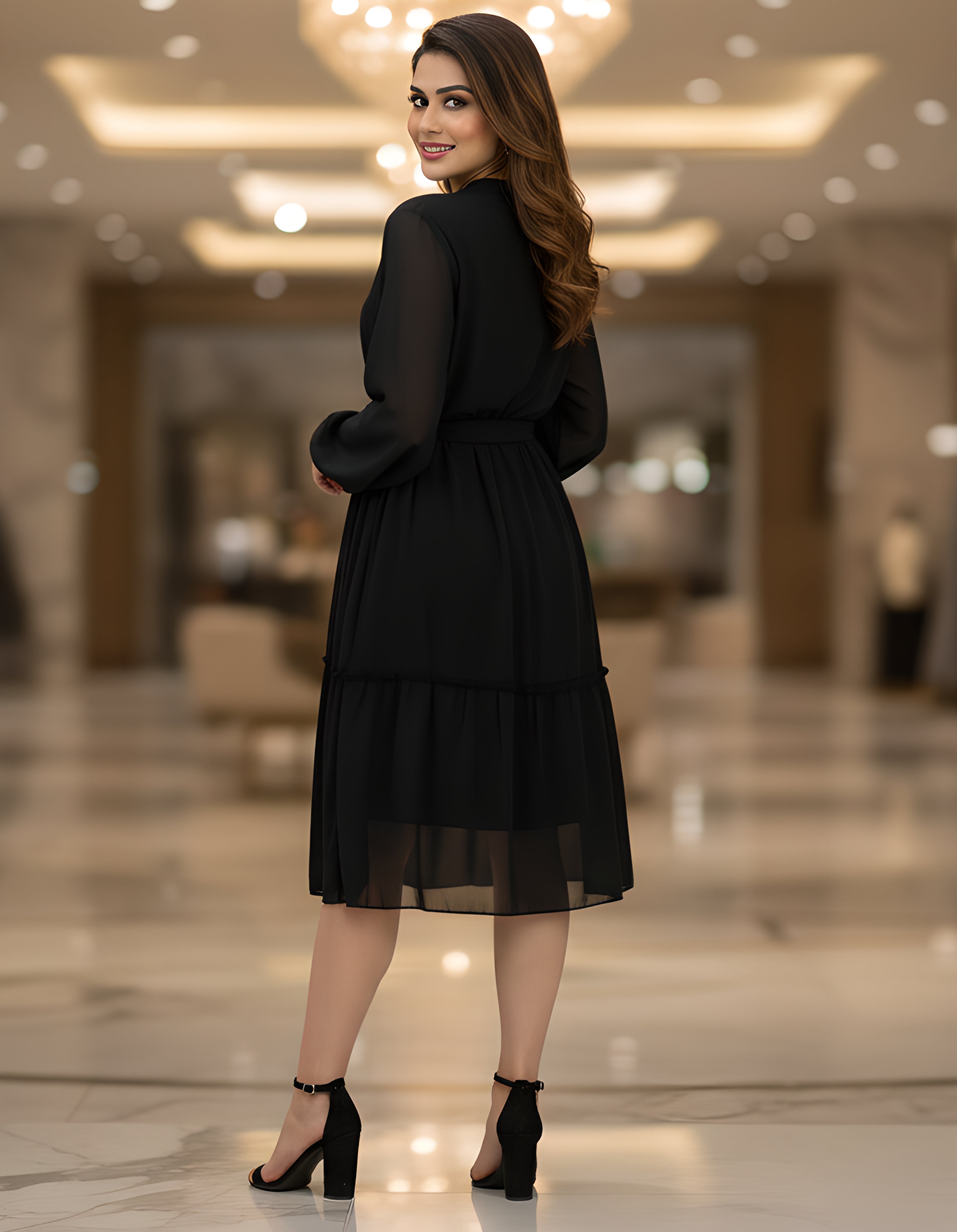 Viigobella Premium Black Georgette Midi Dress with Belt & Full Sleeves