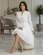 Viigobella Elegant White Georgette Midi Dress with Belt & Full Sleeves