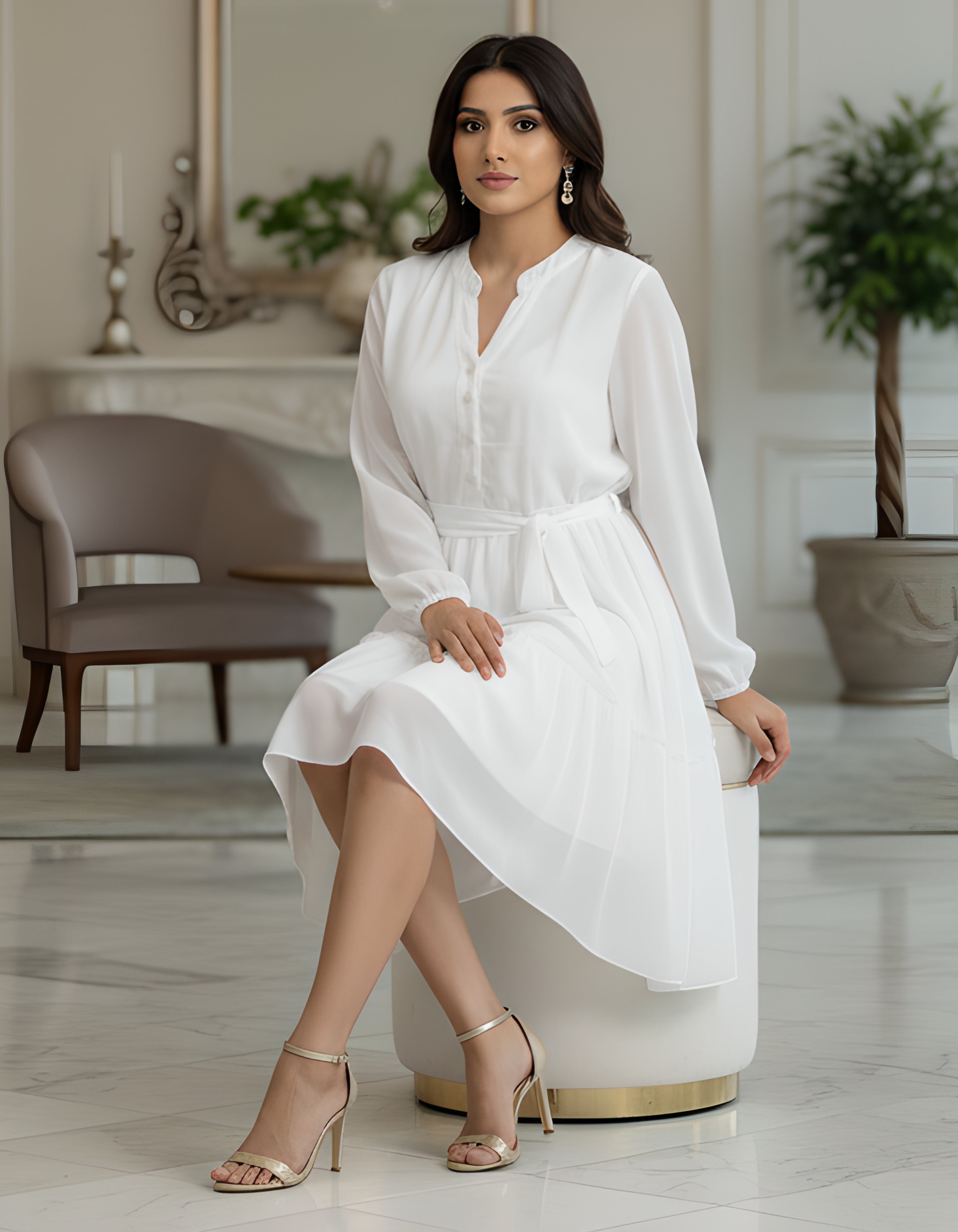 Viigobella Elegant White Georgette Midi Dress with Belt & Full Sleeves