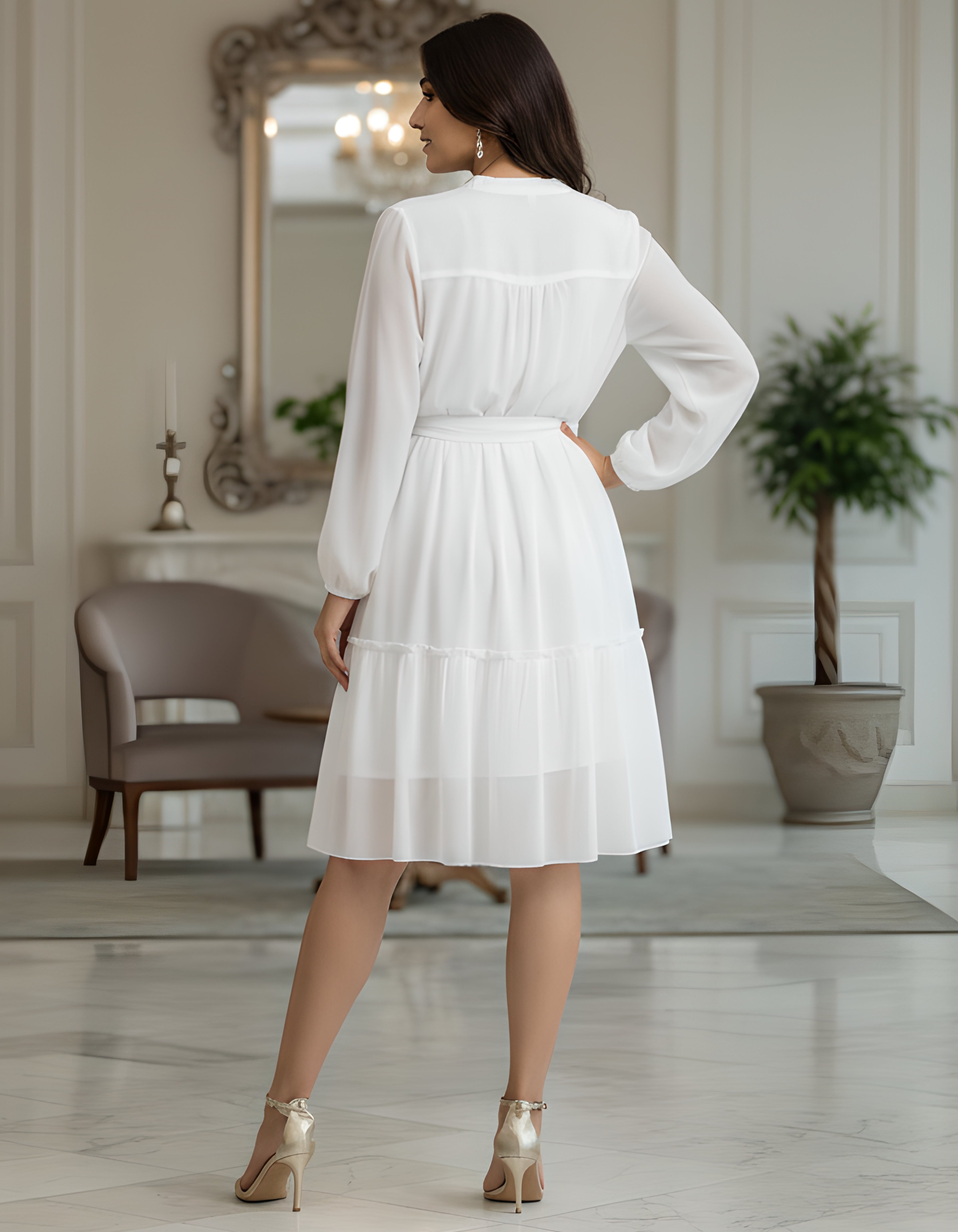 Viigobella Elegant White Georgette Midi Dress with Belt & Full Sleeves