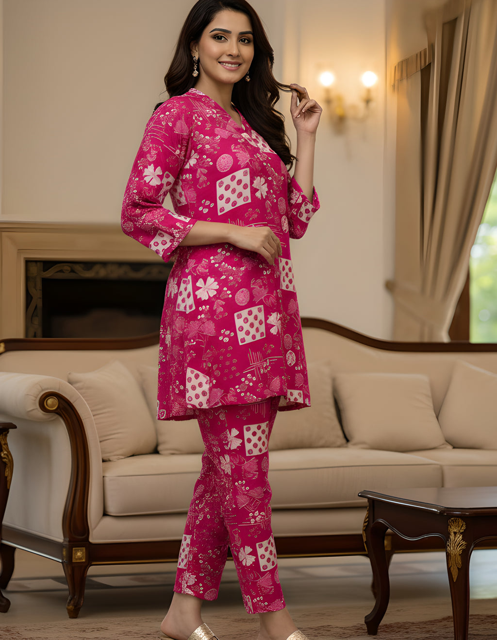 Pink Printed Cotton Kurta Pant Set for Women