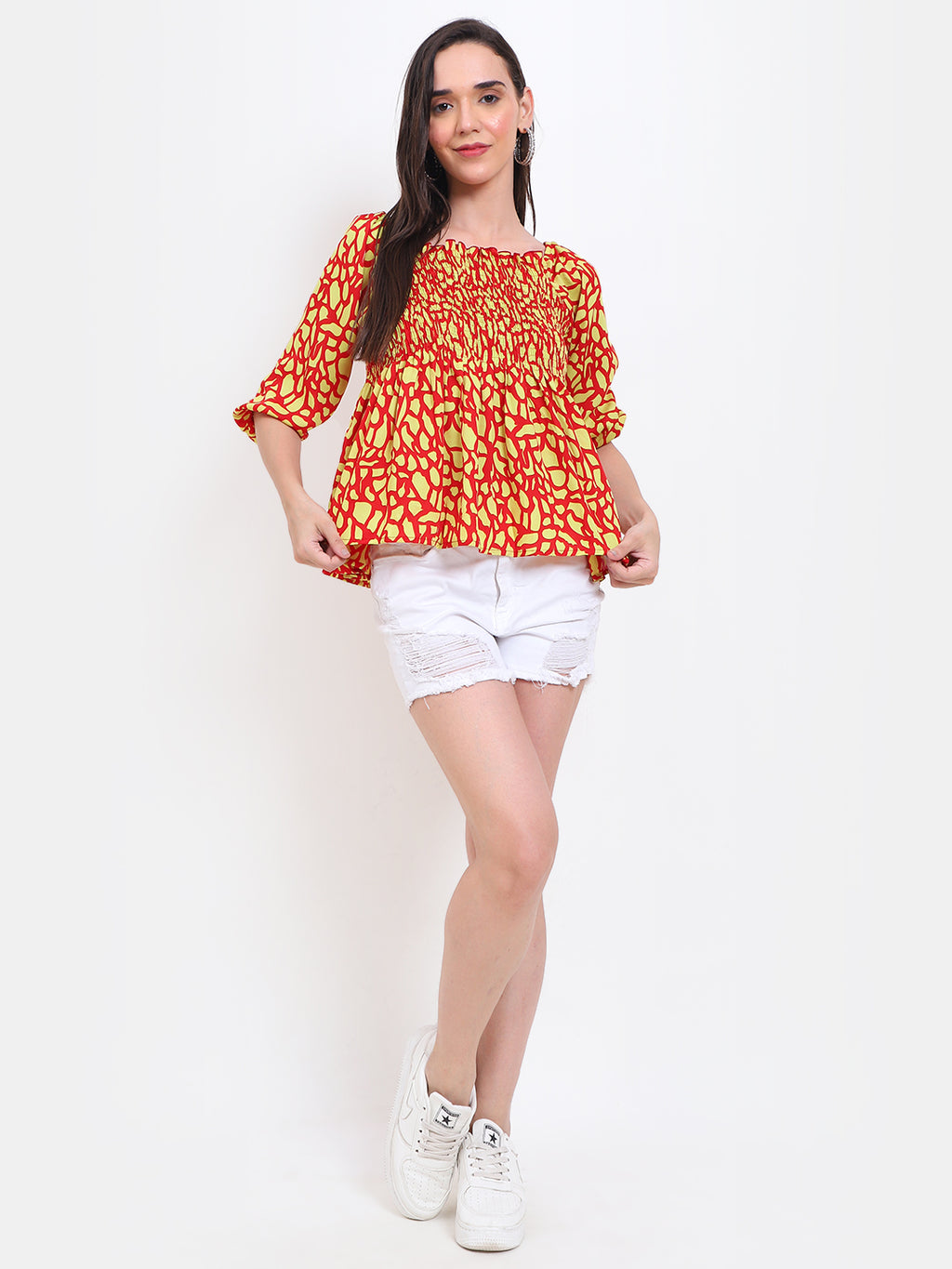 Viigobella Women’s Smocked Printed Top in Red & Yellow Crepe Fabric