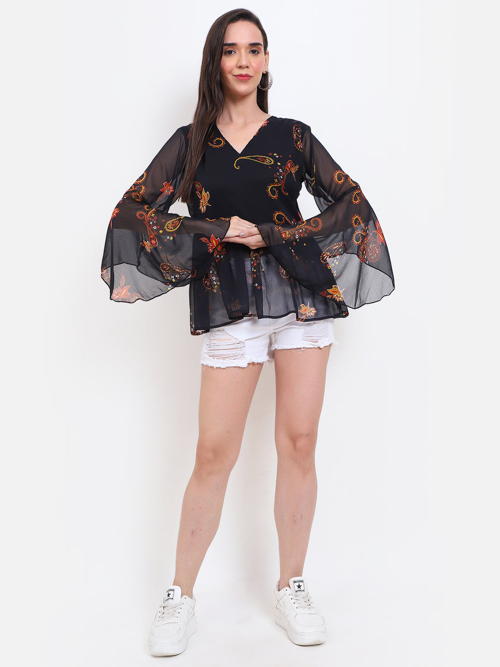 Women’s Printed Bell Sleeve Top – Georgette | Viigobella