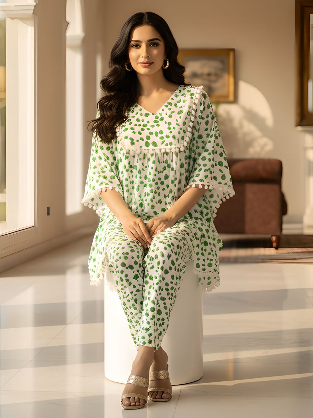 Green Abstract Print Kaftan Co-ord Set for Women