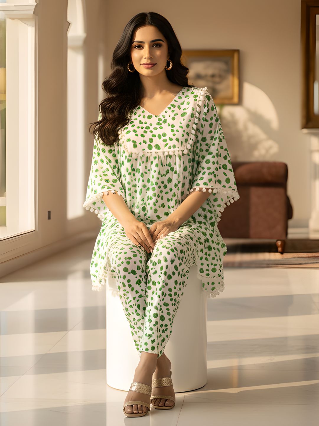 Green Abstract Print Kaftan Co-ord Set for Women