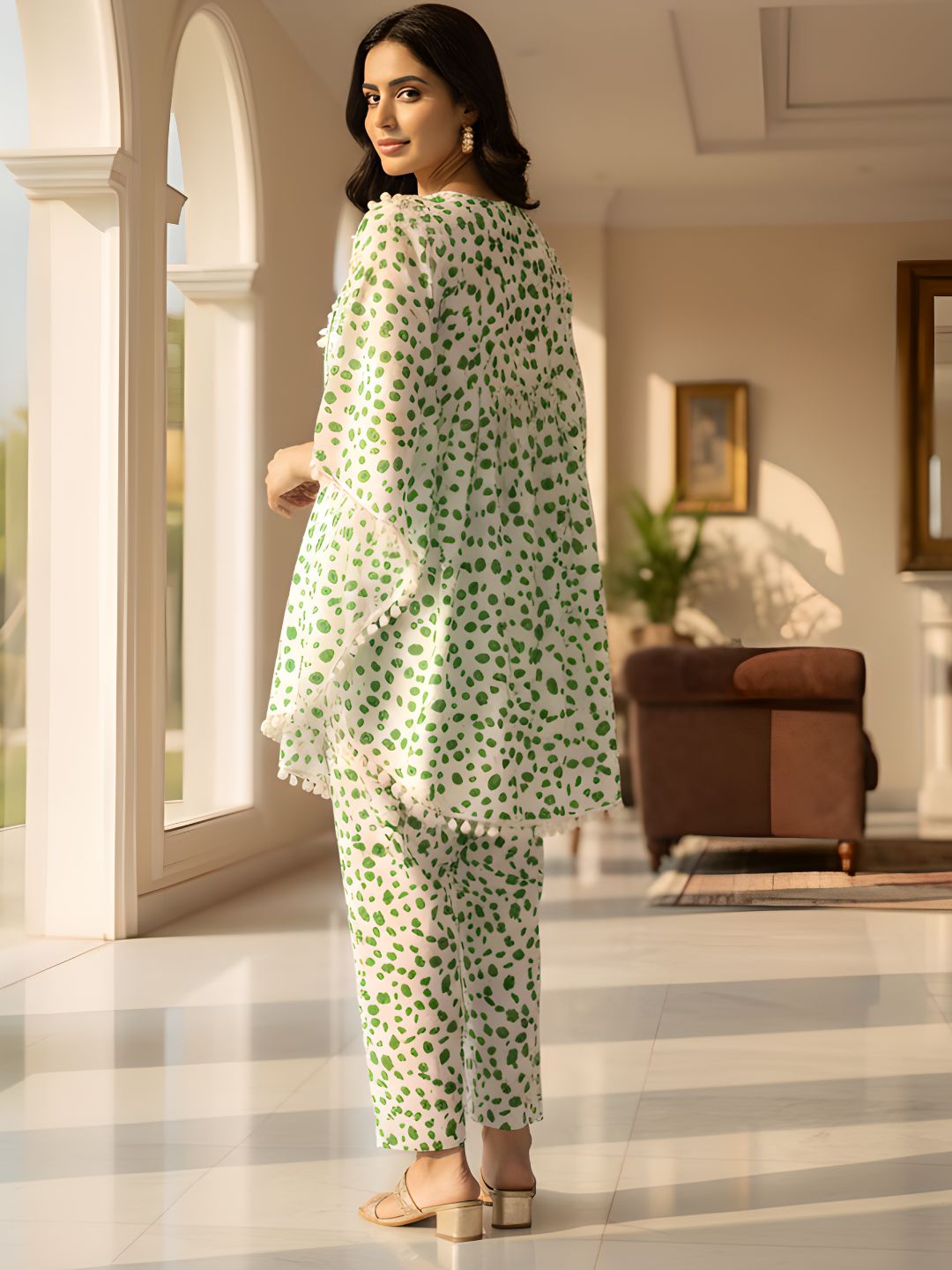 Green Abstract Print Kaftan Co-ord Set for Women