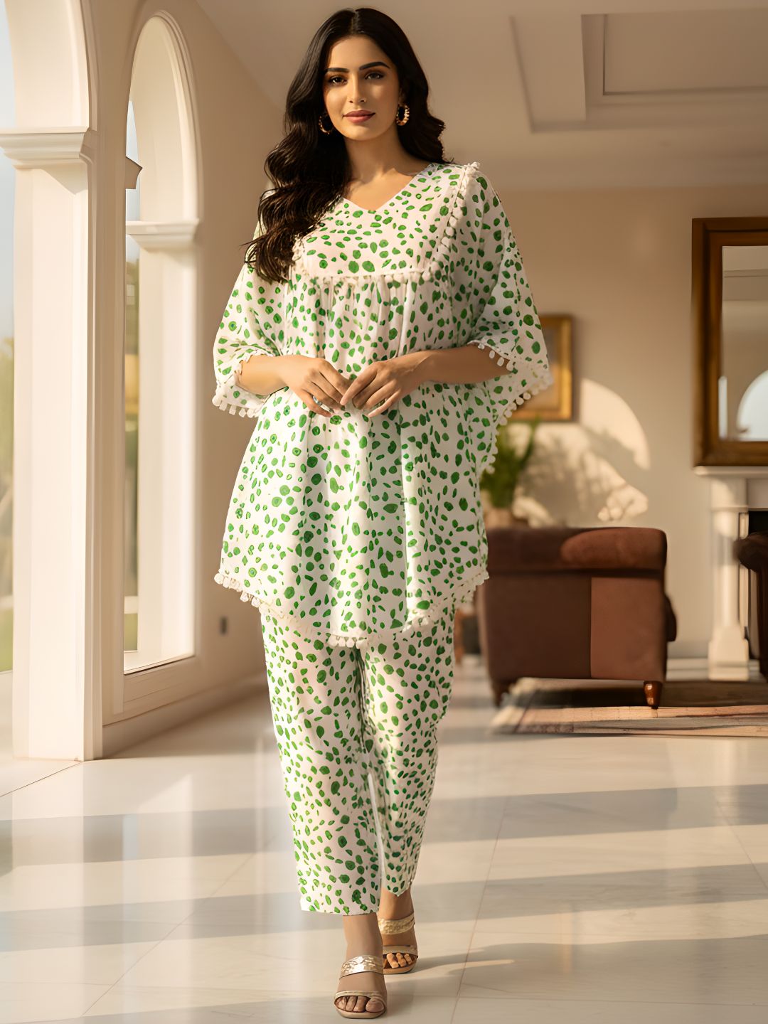 Green Abstract Print Kaftan Co-ord Set for Women