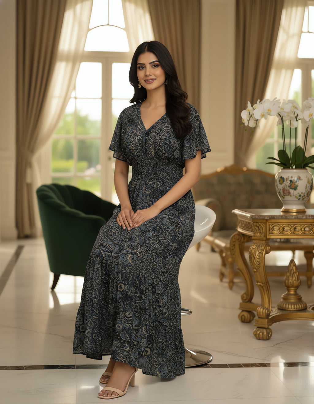 Viigobella Kasturi Silk  Paisley Printed Smocked Waist Maxi Dress