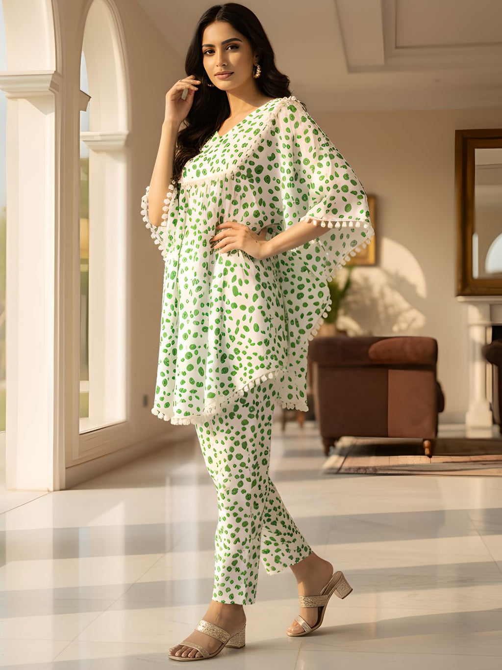 Green Abstract Print Kaftan Co-ord Set for Women