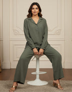 Women’s Premium Olive Green Textured Button-Down Co-ord Set