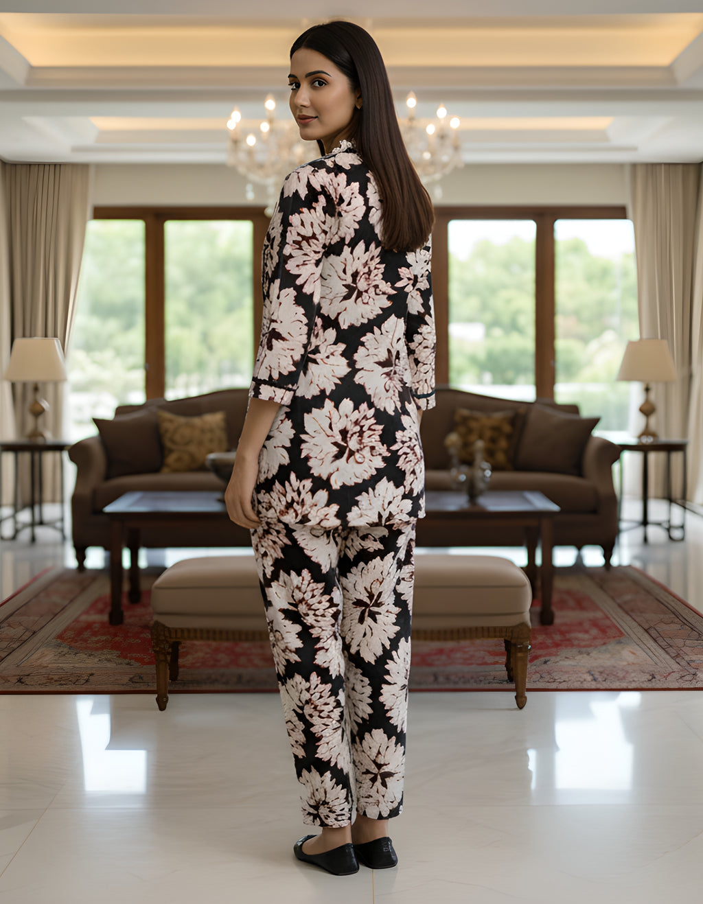 Women’s Black Floral Printed Co-ord Set – Vertigen Fabric