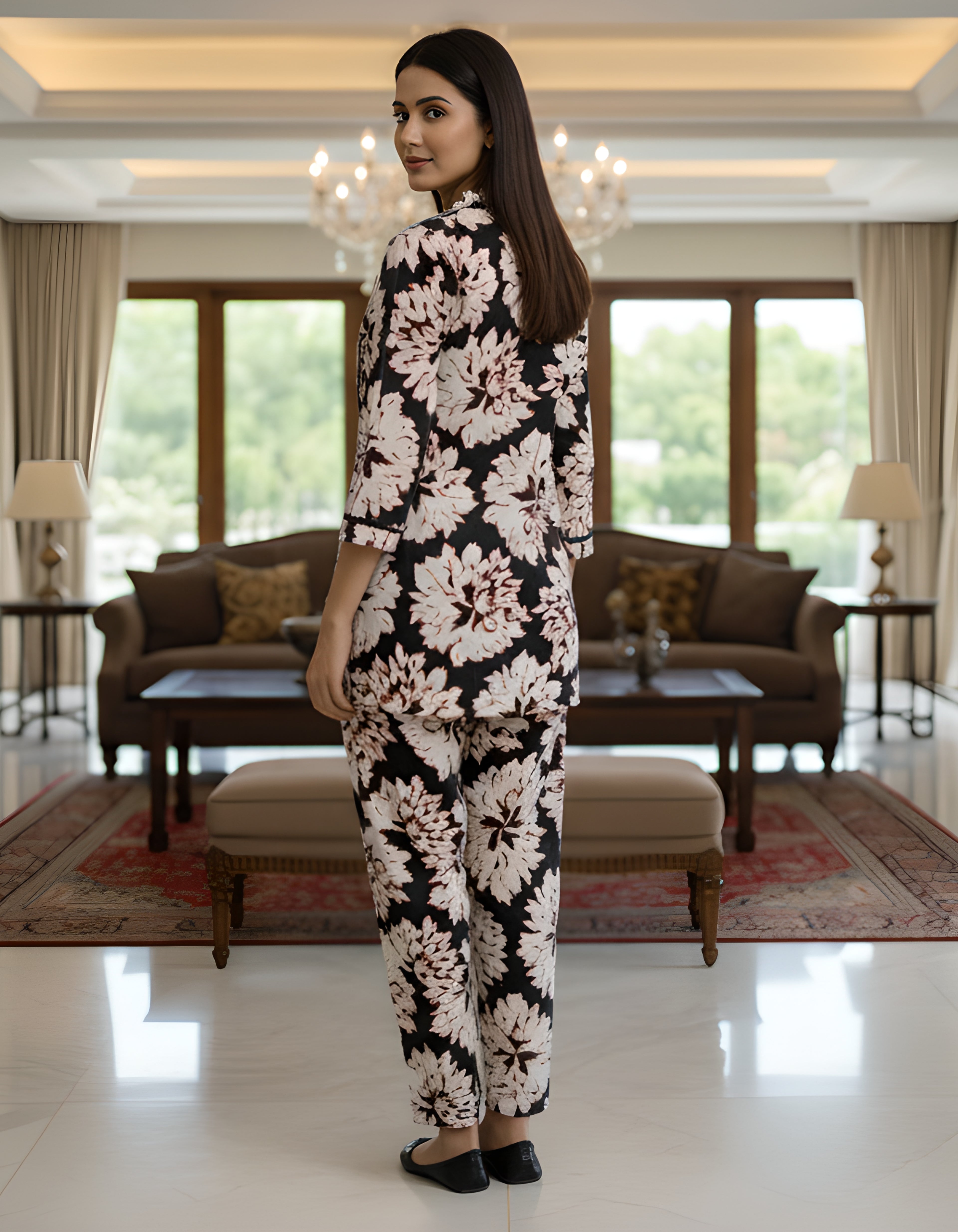 Women’s Black Floral Printed Co-ord Set – Vertigen Fabric