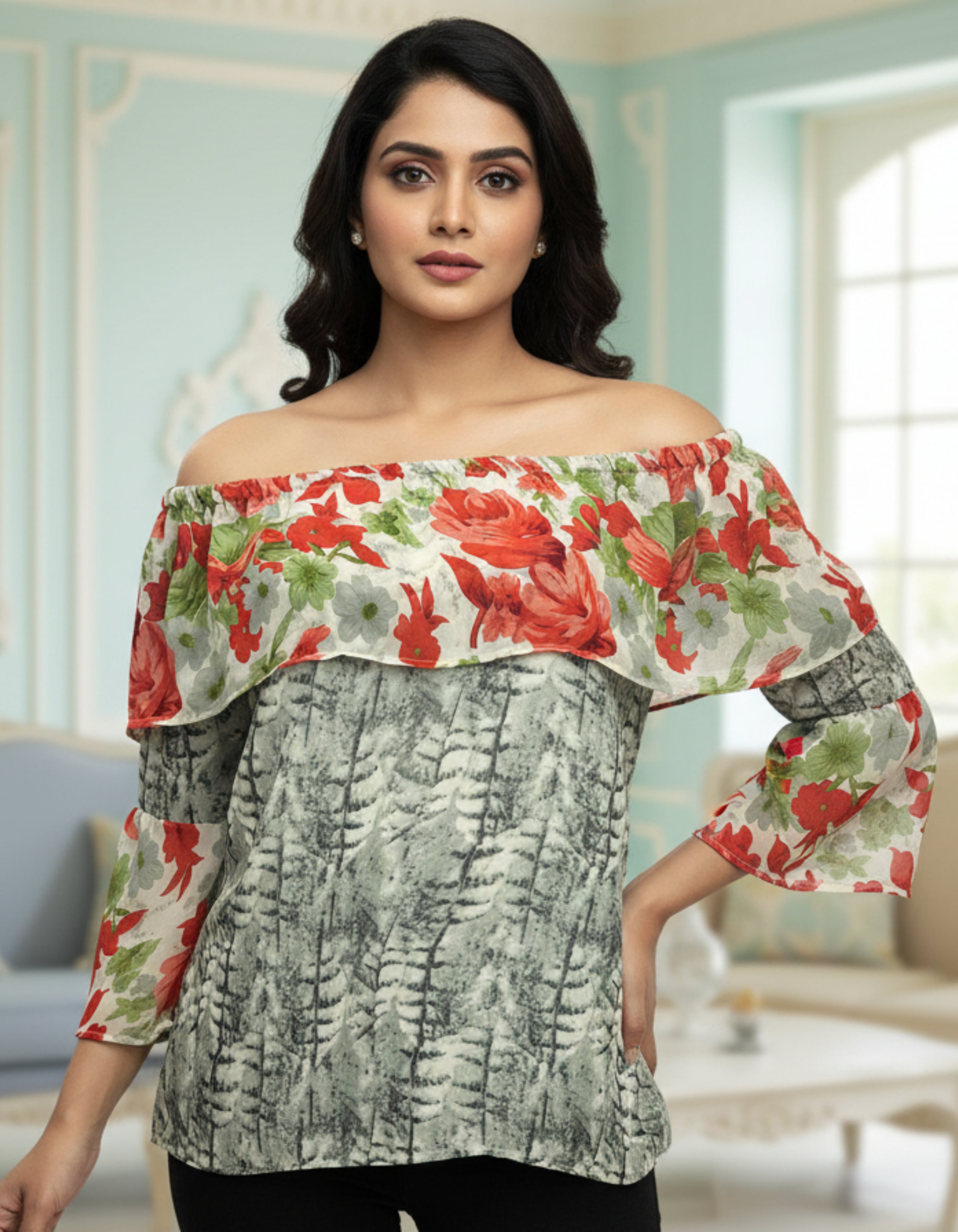 Floral Off-Shoulder Layered Georgette Top | Trendy Western Wear | Viigobella