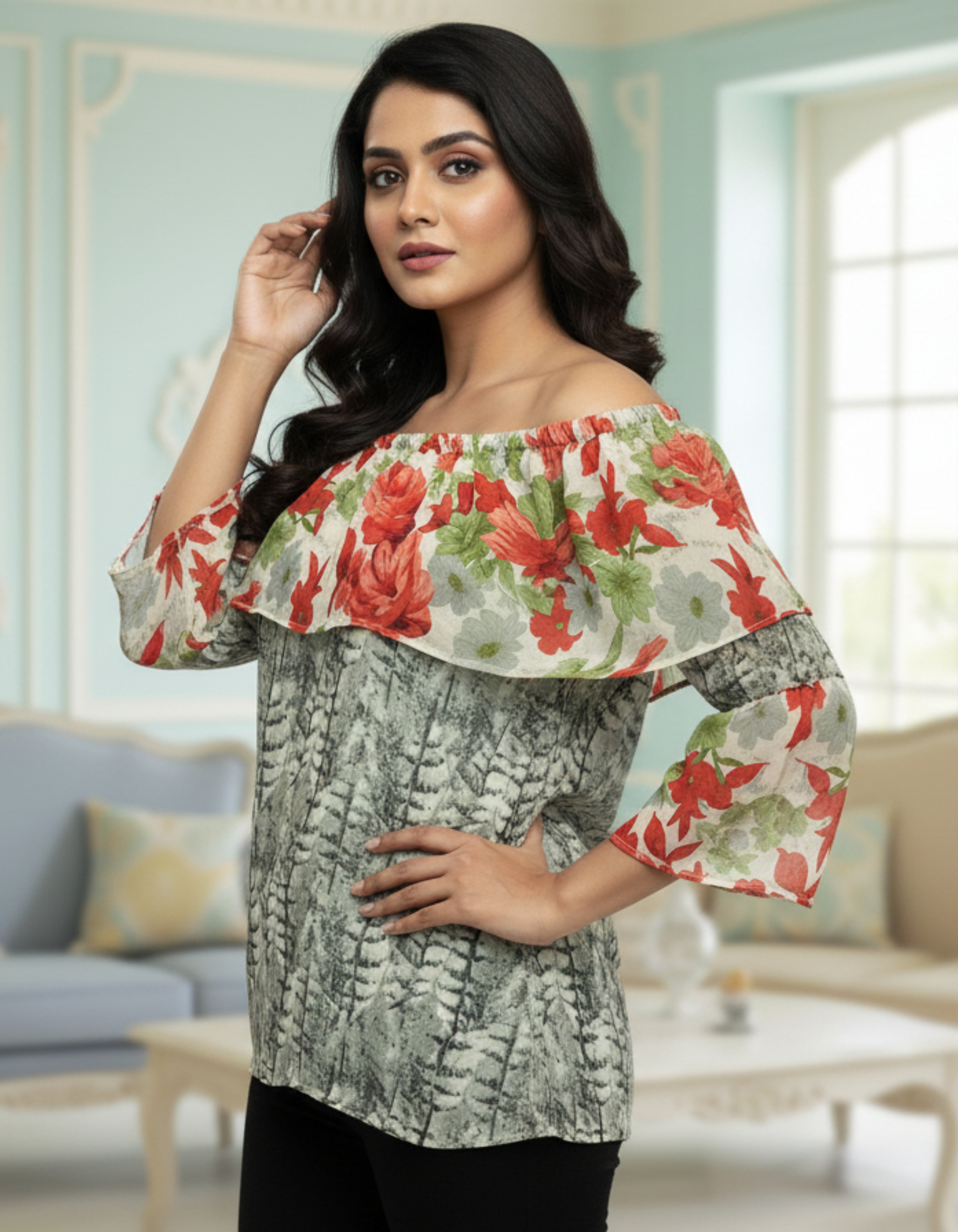 Floral Off-Shoulder Layered Georgette Top | Trendy Western Wear | Viigobella