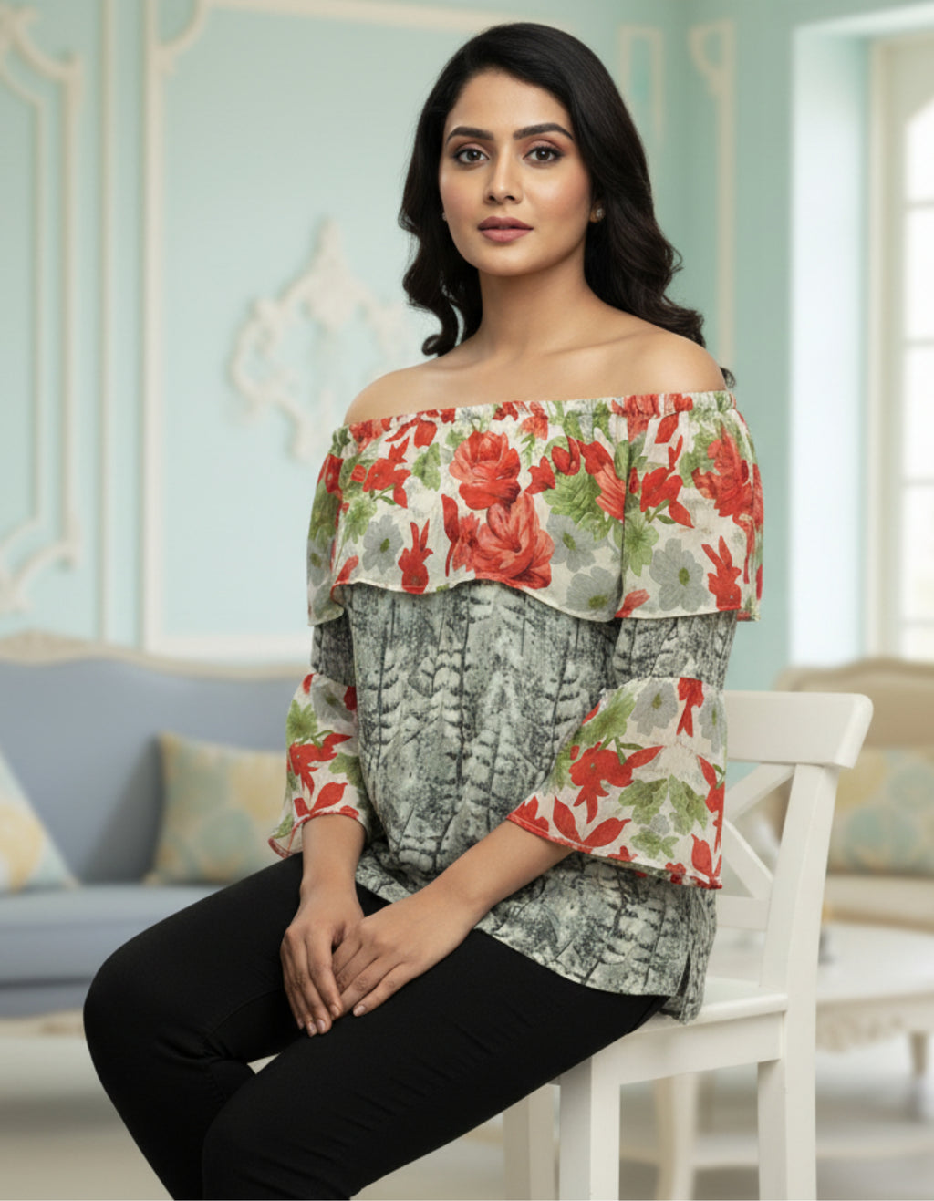 Floral Off-Shoulder Layered Georgette Top | Trendy Western Wear | Viigobella
