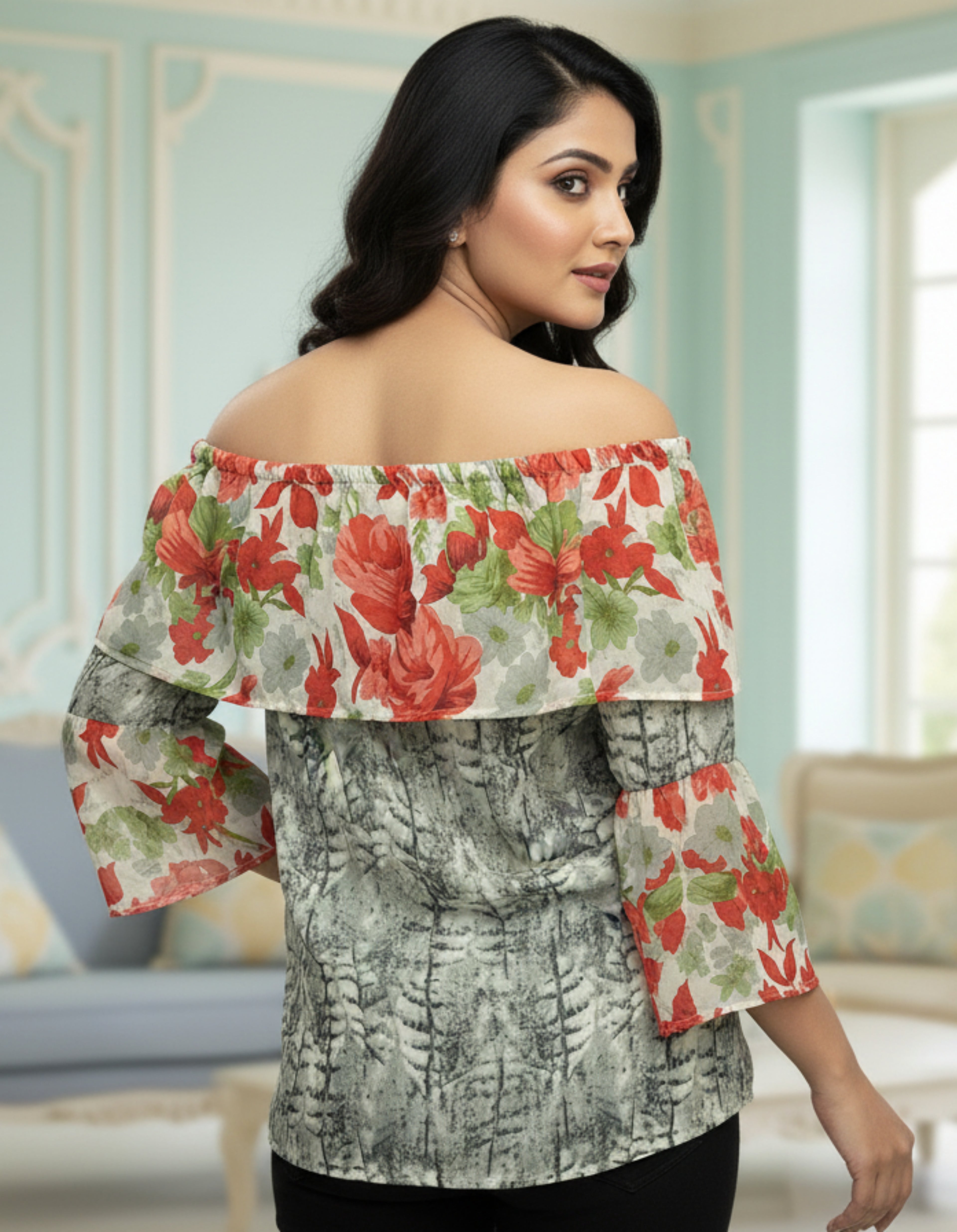 Floral Off-Shoulder Layered Georgette Top | Trendy Western Wear | Viigobella