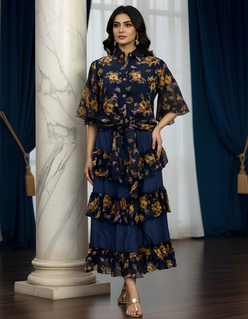 Premium Navy Floral Georgette Shirt & Layered Skirt Co-ord Set