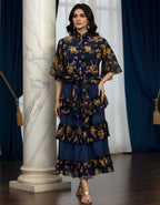 Premium Navy Floral Georgette Shirt & Layered Skirt Co-ord Set