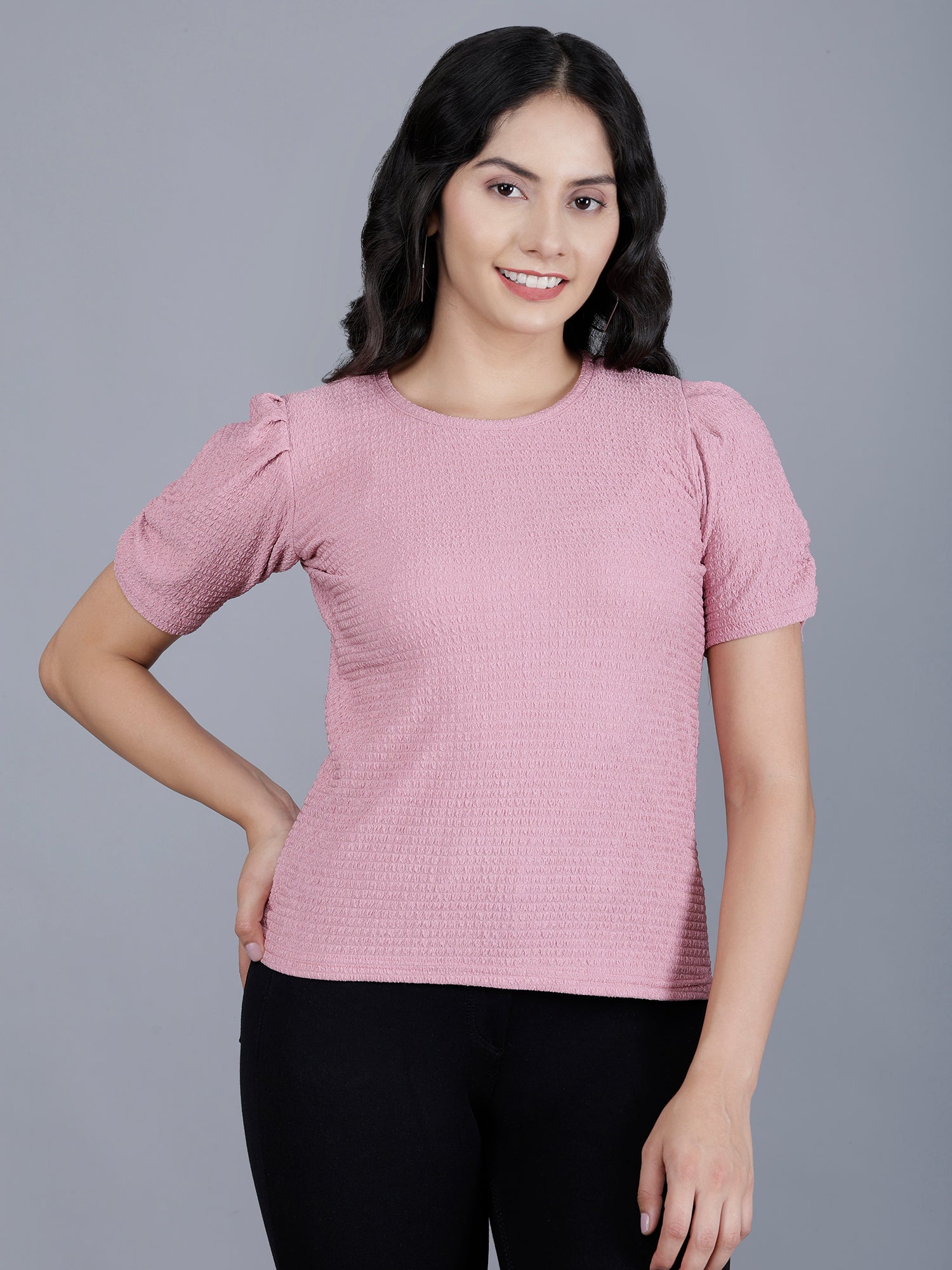 Viigobella Women’s Puff Sleeve Top in Pink Cotton Fabric