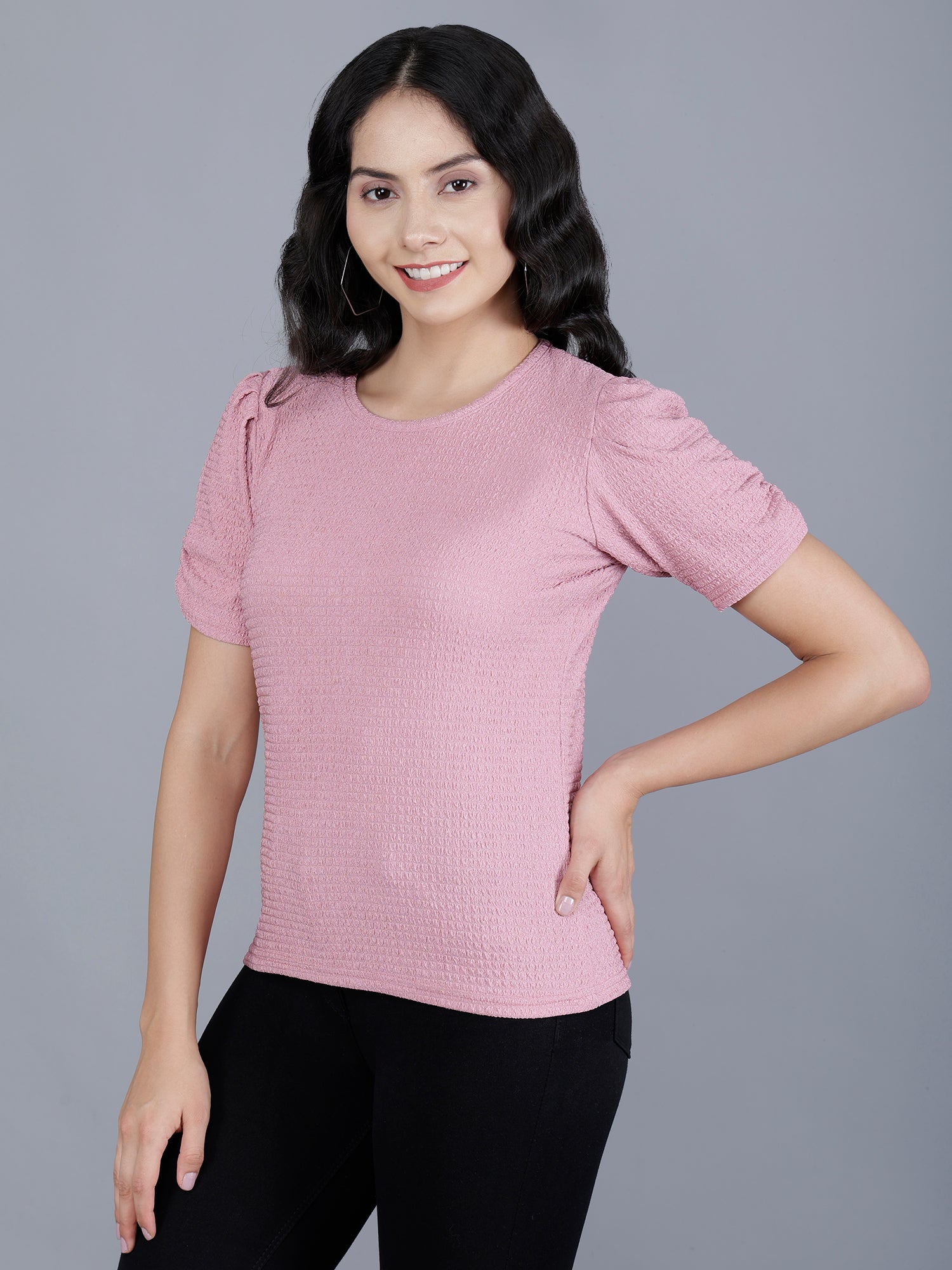Viigobella Women’s Puff Sleeve Top in Pink Cotton Fabric