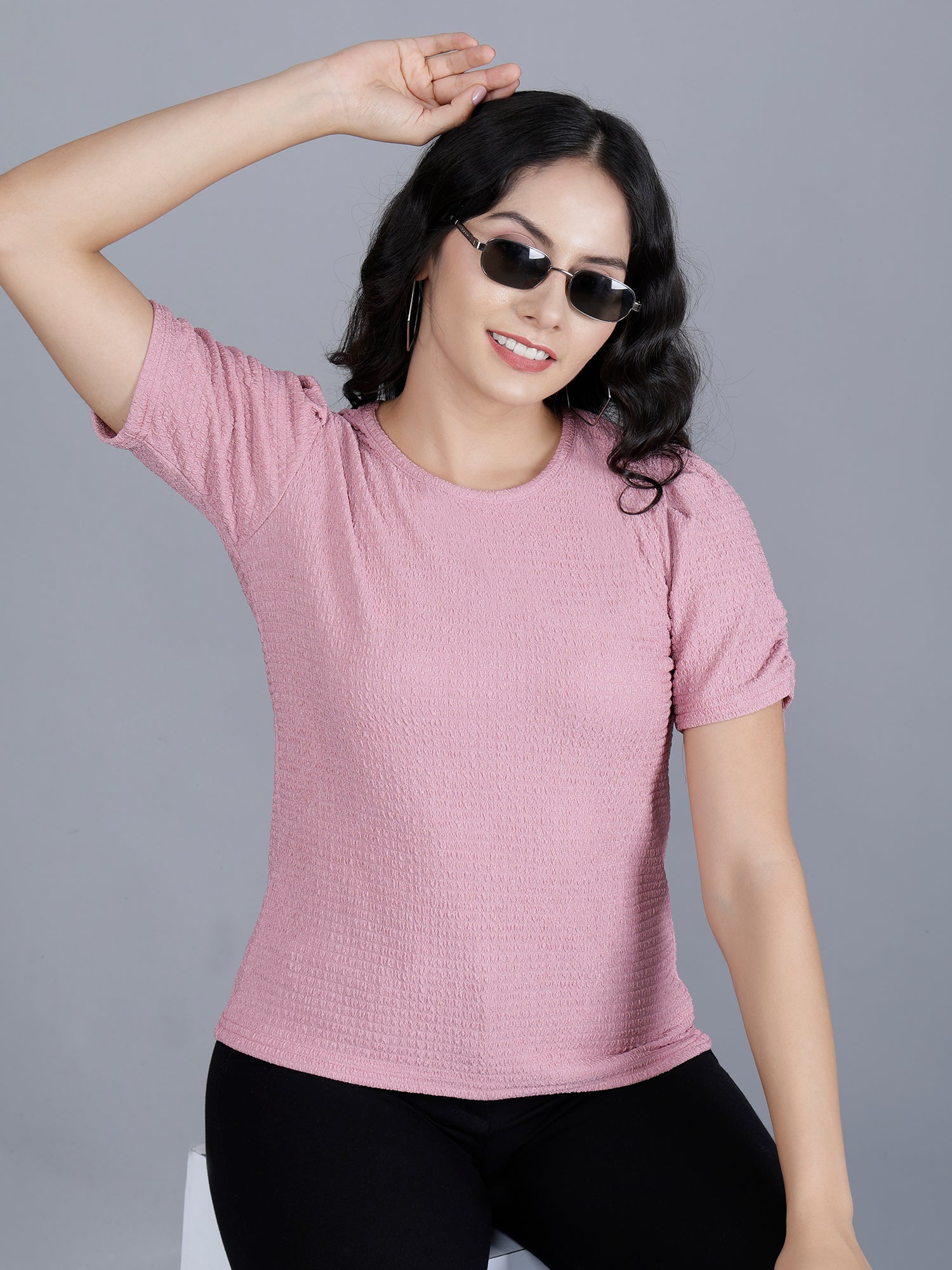 Viigobella Women’s Puff Sleeve Top in Pink Cotton Fabric