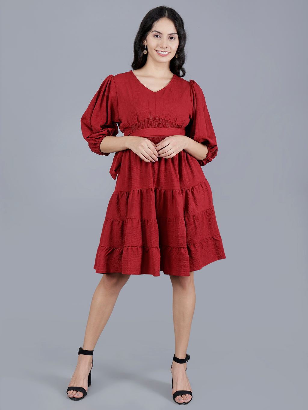 Viigobella Women’s Delta Fabric Tiered Short Dress with Waist Tie-Up – Export Quality