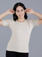Viigobella Women’s Textured Short Sleeve Top in Beige Cotton Fabric