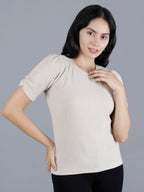 Viigobella Women’s Textured Short Sleeve Top in Beige Cotton Fabric