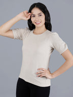 Viigobella Women’s Textured Short Sleeve Top in Beige Cotton Fabric