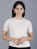 Viigobella Women’s Textured Short Sleeve Top in Light Beige Cotton Fabric