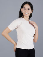 Viigobella Women’s Textured Short Sleeve Top in Light Beige Cotton Fabric