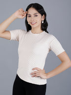 Viigobella Women’s Textured Short Sleeve Top in Light Beige Cotton Fabric