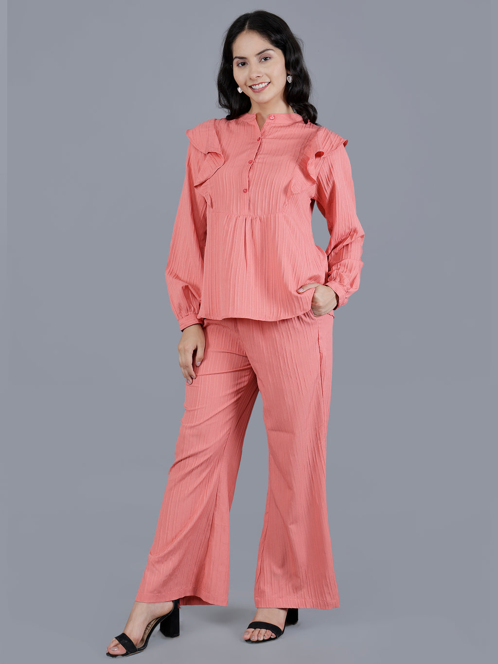 Viigobella Textured Sugarcane Ruffle Top & Pant Co-Ord Set