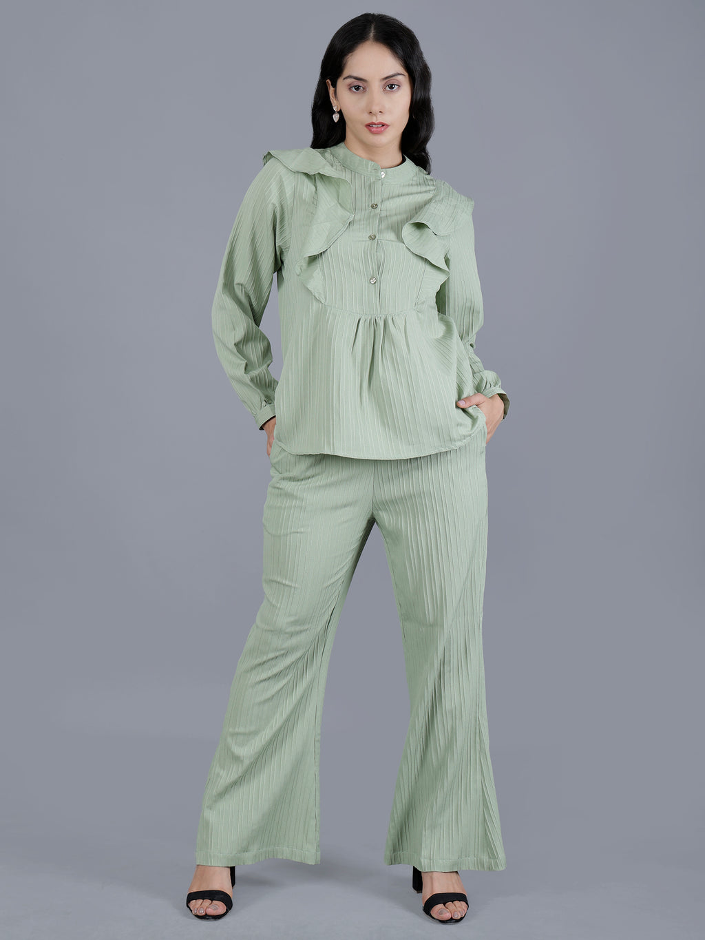 Viigobella Textured Sugarcane Ruffle Detail Top & Pant Co-Ord Set