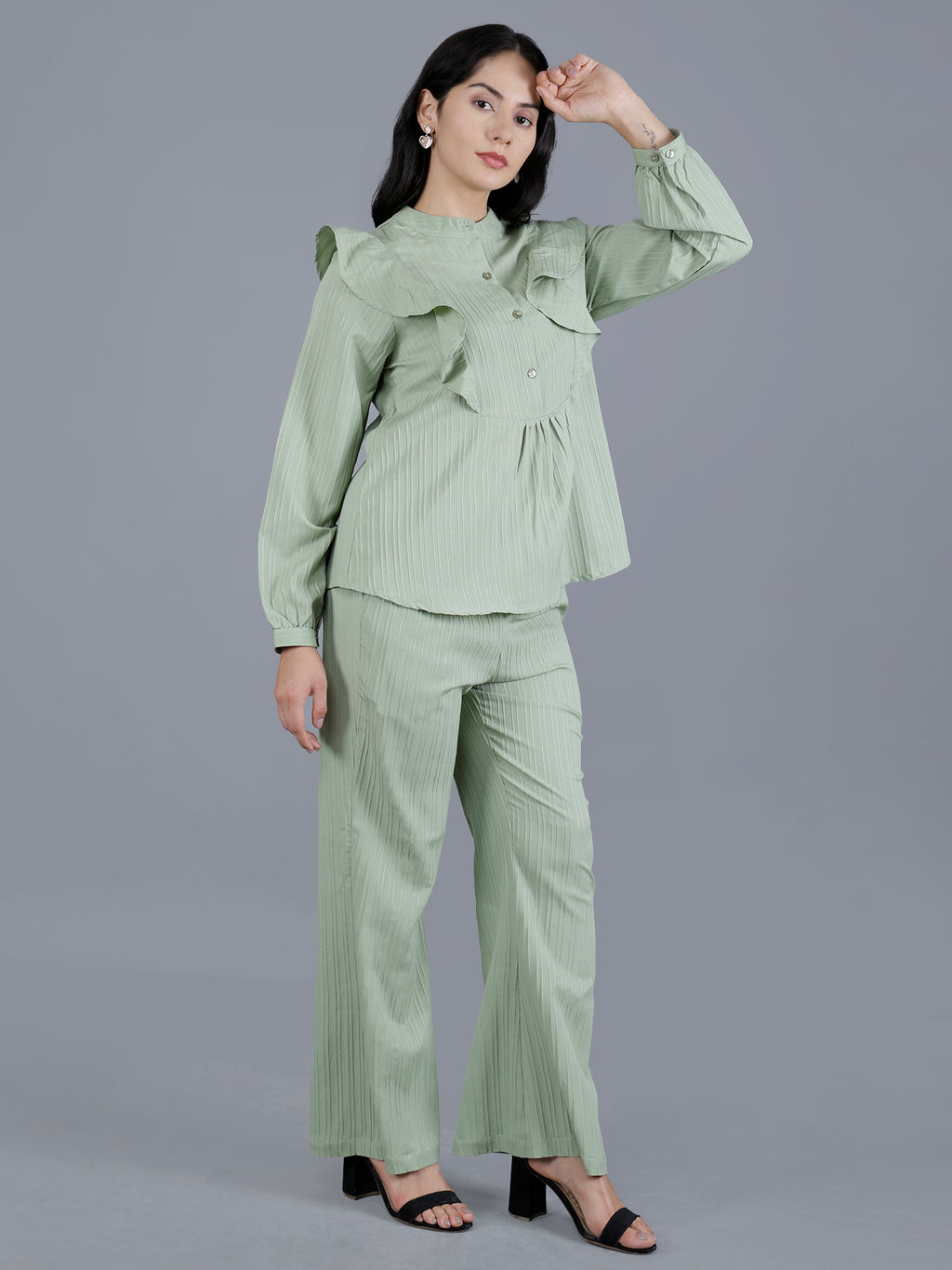 Viigobella Textured Sugarcane Ruffle Detail Top & Pant Co-Ord Set