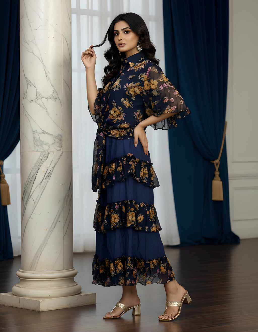 Premium Navy Floral Georgette Shirt & Layered Skirt Co-ord Set