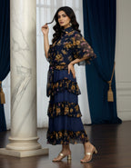 Premium Navy Floral Georgette Shirt & Layered Skirt Co-ord Set