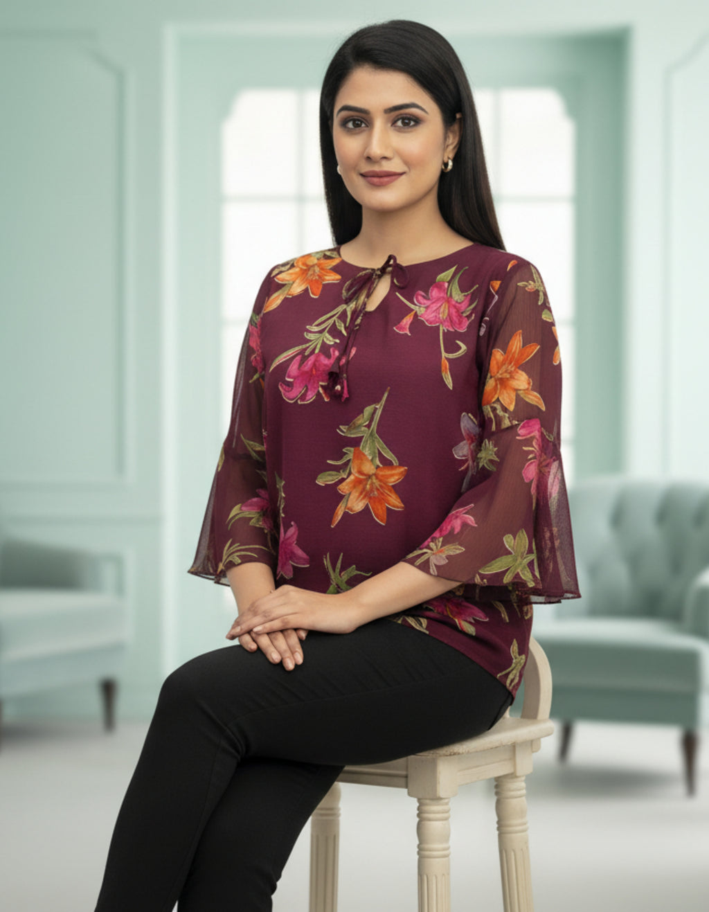 Floral Print Georgette Top with Bell Sleeves & Tie-Neck | Viigobella