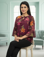 Floral Print Georgette Top with Bell Sleeves & Tie-Neck | Viigobella