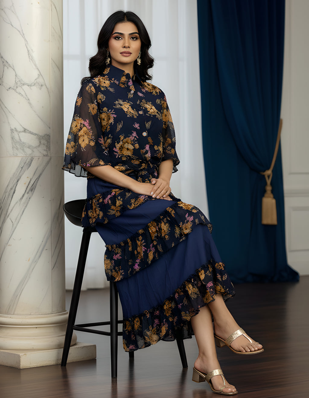 Premium Navy Floral Georgette Shirt & Layered Skirt Co-ord Set