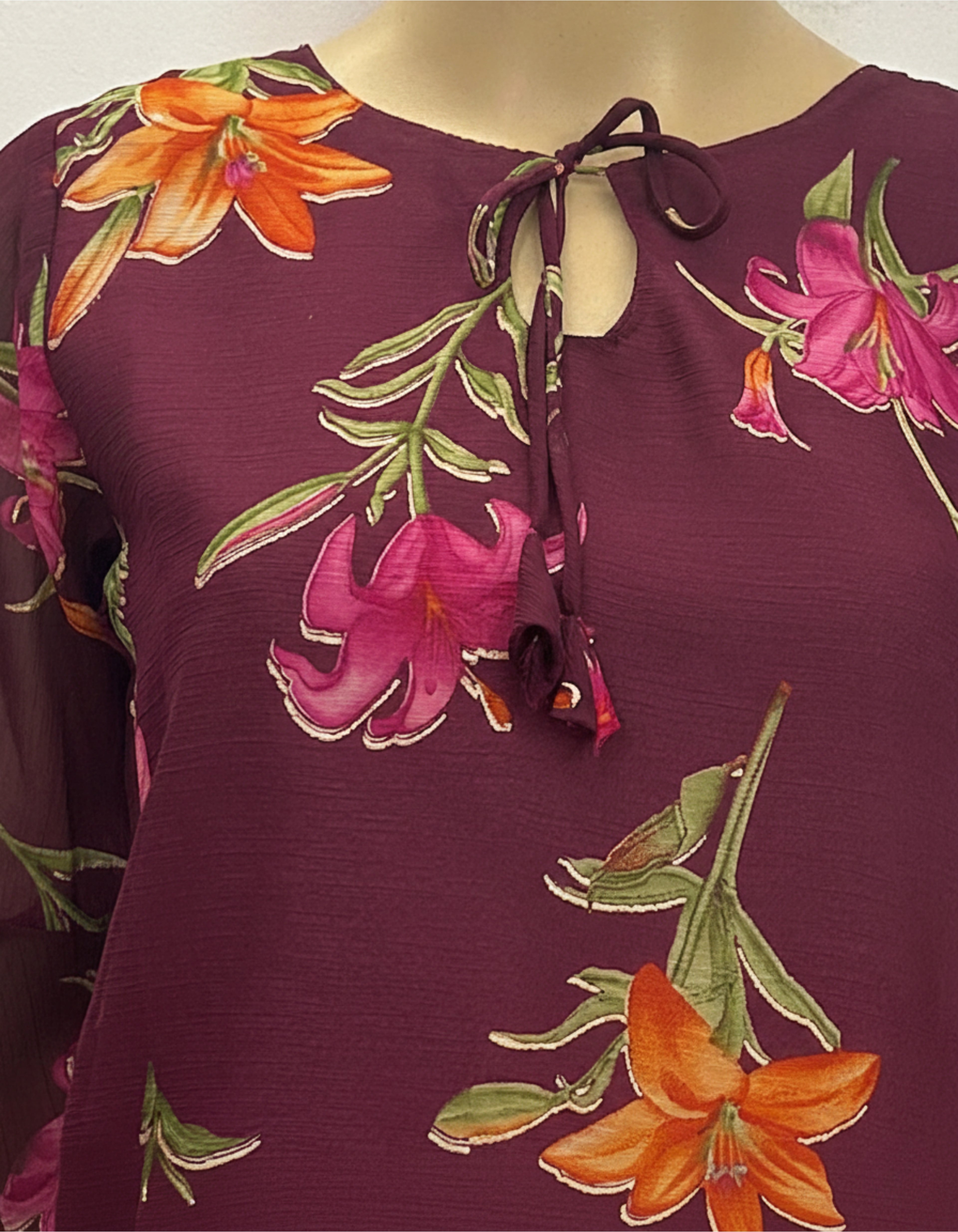 Floral Print Georgette Top with Bell Sleeves & Tie-Neck | Viigobella