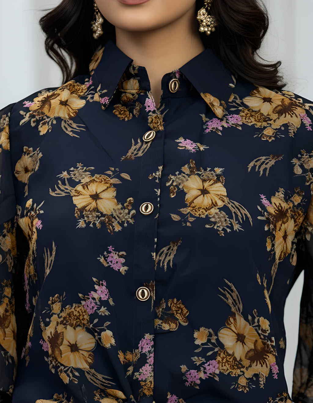 Premium Navy Floral Georgette Shirt & Layered Skirt Co-ord Set