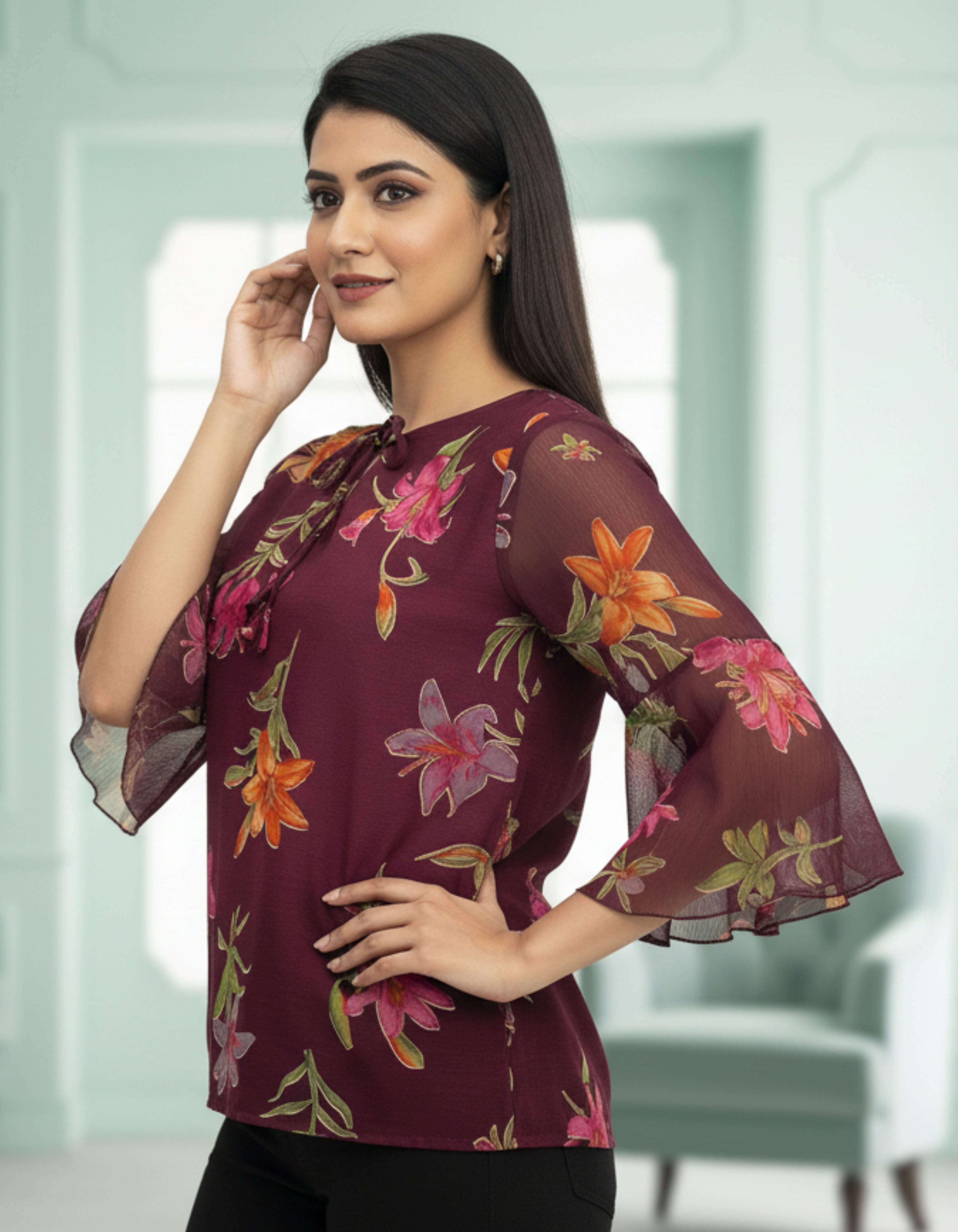 Floral Print Georgette Top with Bell Sleeves & Tie-Neck | Viigobella