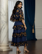 Premium Navy Floral Georgette Shirt & Layered Skirt Co-ord Set