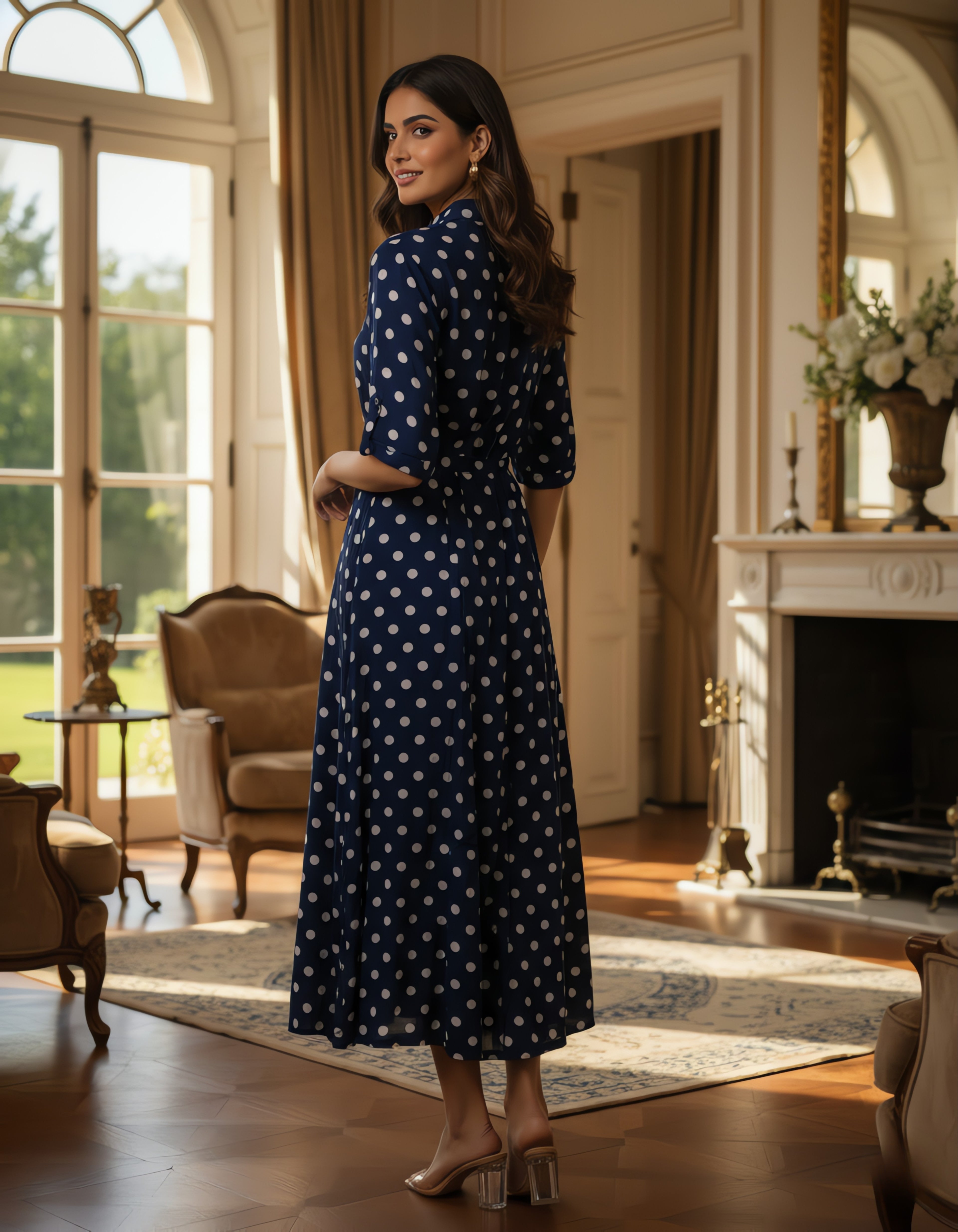 Viigobella Navy Polka Dot Crepe Button-Down Maxi Dress