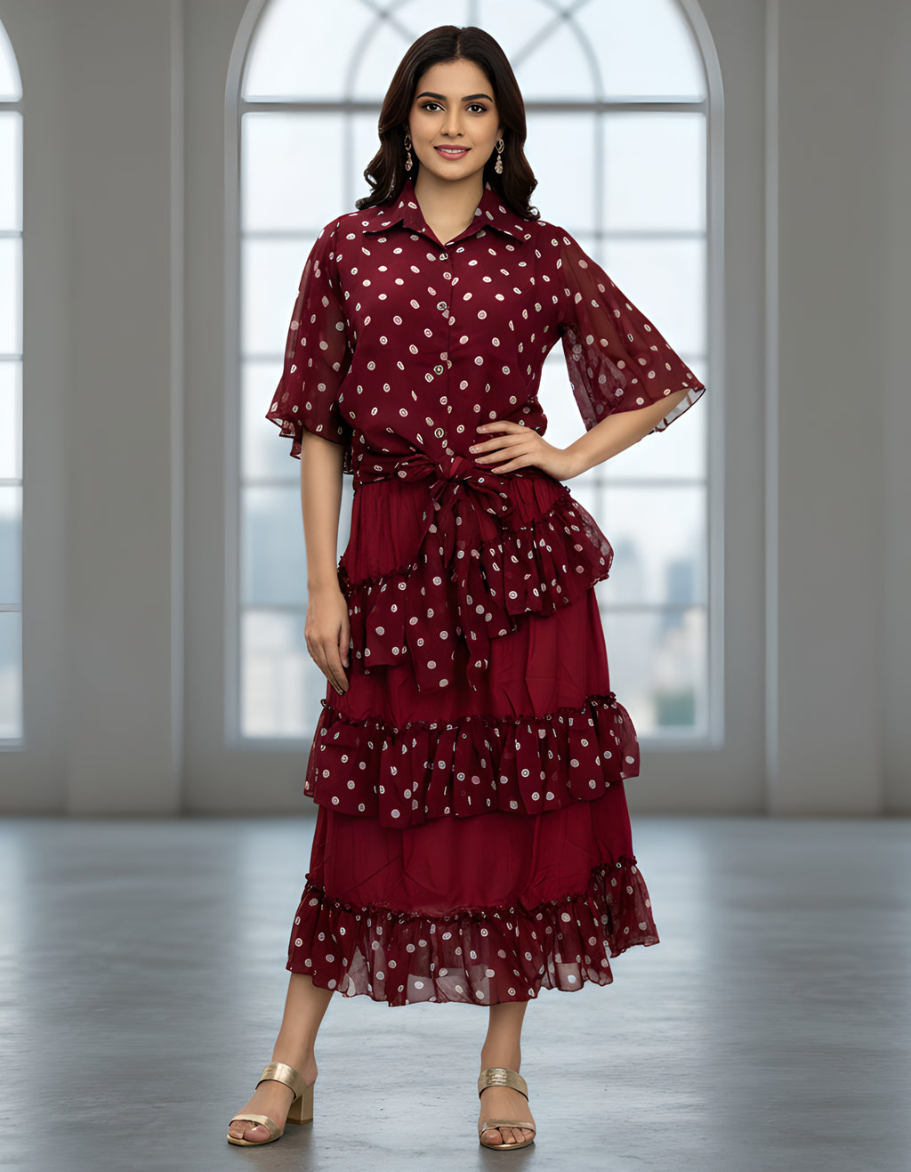 Premium Maroon Polka Dot Georgette Shirt & Layered Ruffle Skirt Co-ord Set