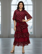 Premium Maroon Polka Dot Georgette Shirt & Layered Ruffle Skirt Co-ord Set