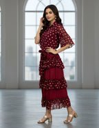 Premium Maroon Polka Dot Georgette Shirt & Layered Ruffle Skirt Co-ord Set