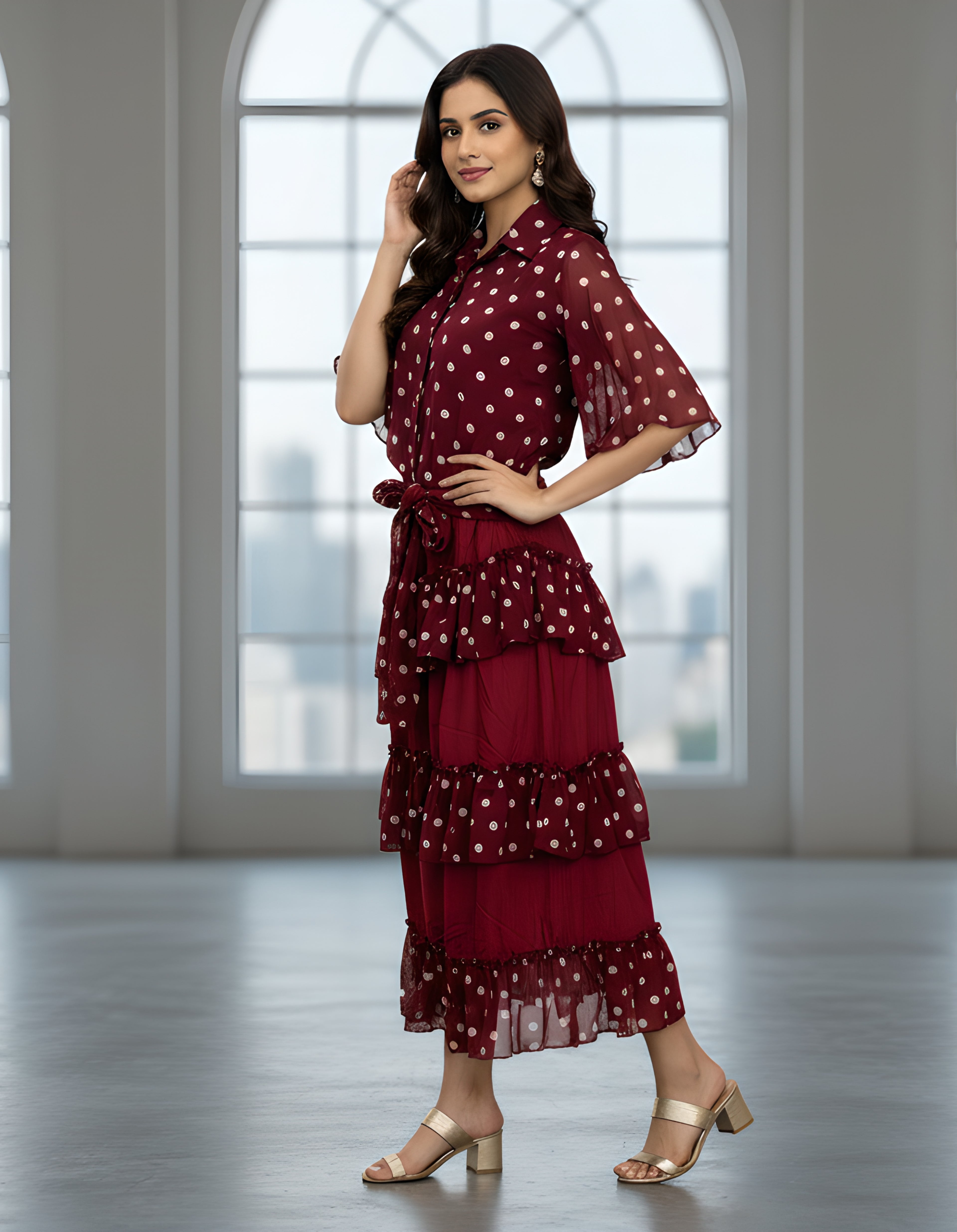 Premium Maroon Polka Dot Georgette Shirt & Layered Ruffle Skirt Co-ord Set