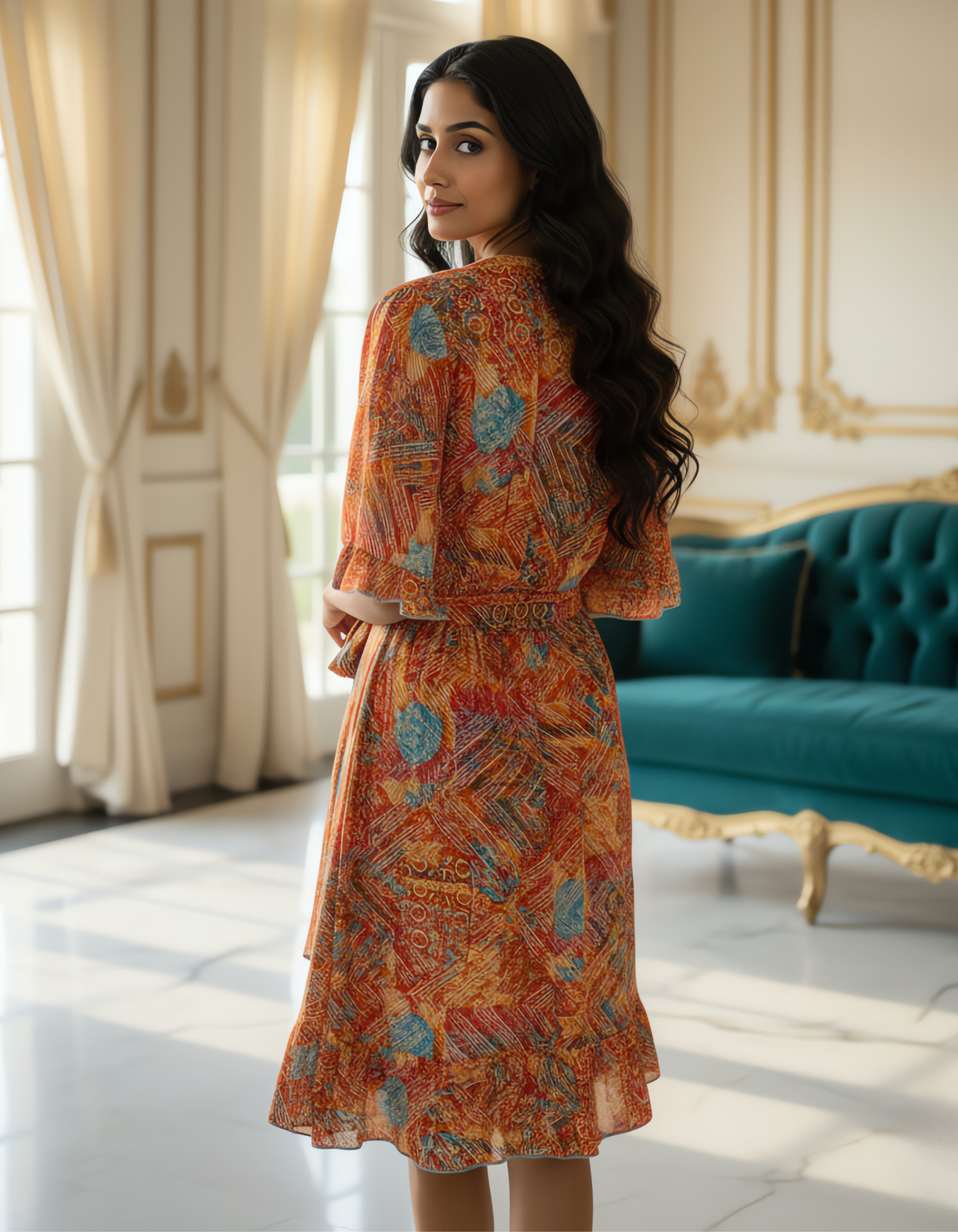 Viigobella Orange Abstract Printed Kasturi Silk Wrap Dress
